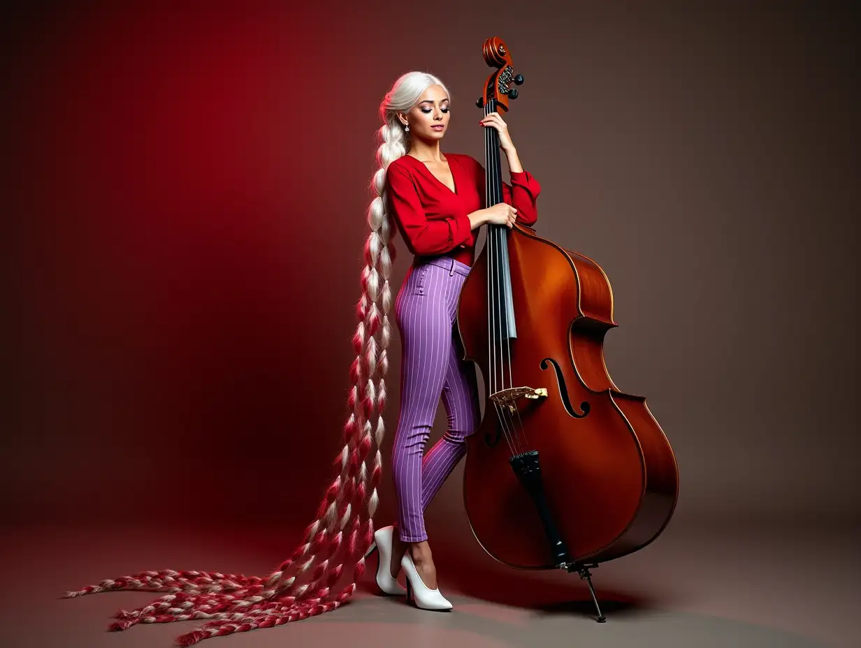 Ultradetailed, hyperrealistic, photo realistic portrait of a woman with long braided white-red mixed hair reaching the floor, red blouse, white high heels and tight purple striped short pants, interacting with a double bass, surfaces and lighting to create depth, dimension and a vibrant photo realistic appearance, 120mm shot