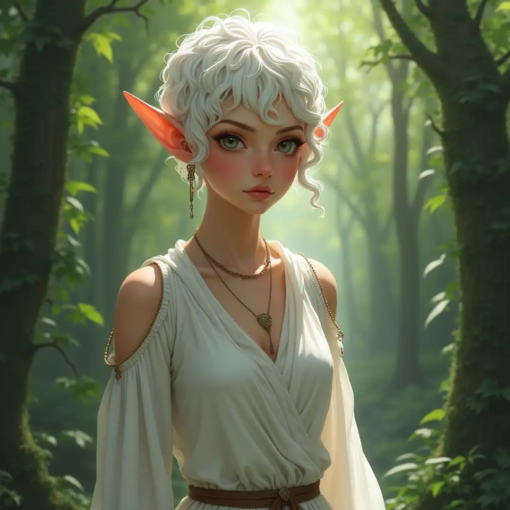 Elf girl, realistic style, pointed ears, short white curly hair, dressed in a white chiton, In full growth, forest