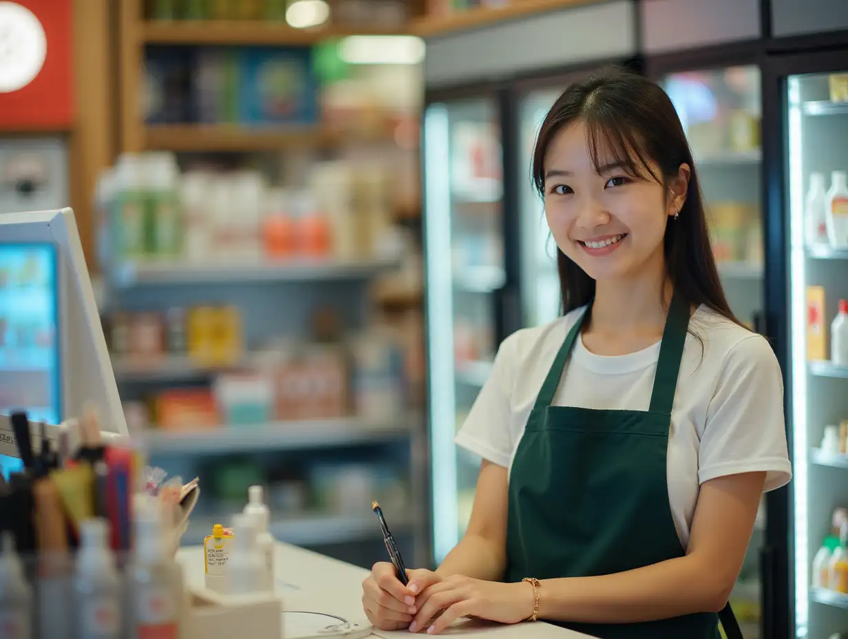 Asian girl working as a cashier at a convenience store