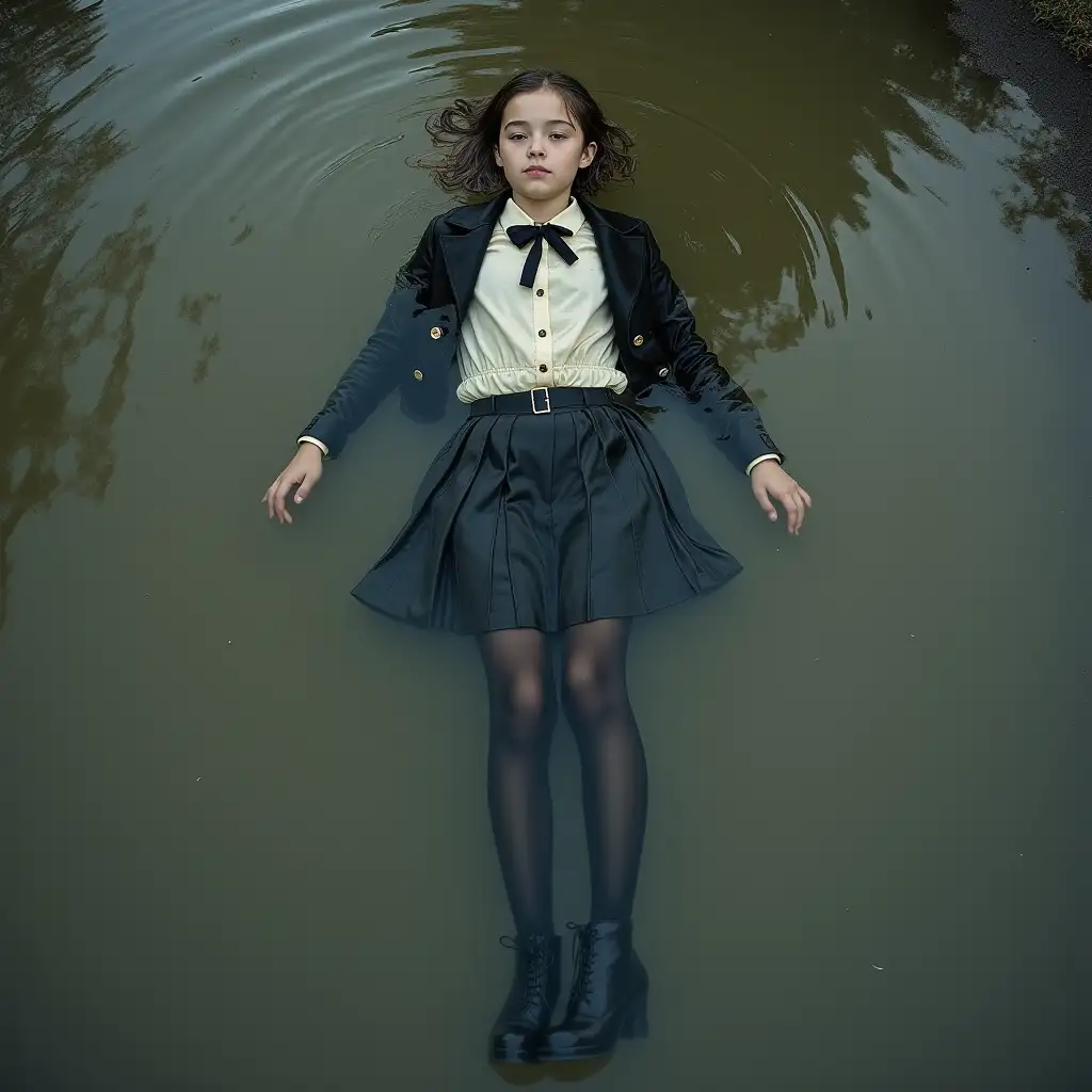 A young schoolgirl in a school uniform, in a skirt, jacket, blouse, dark tights, high-heeled shoes. She is swimming in a dirty pond, lying under water, all her clothes are completely wet, wet clothes stick to her body, the whole body is under water, submerged in water, under the surface of the water, below the water's edge.