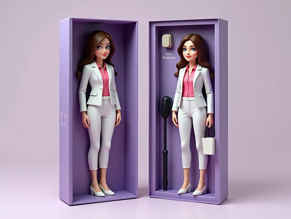 Create an action figure of my photo in the format of a figurine. The figure is full size and is located inside a purple box on the left side, place its accessories to the right: bag, microphone, laptop. Write Kristina on the top of the box. Hair should be like in the photo. She should have blue eyes. She must be dressed in a white strict business suit, pink blouse. There should be white women's shoes on her legs. The image should be maximally realistic.