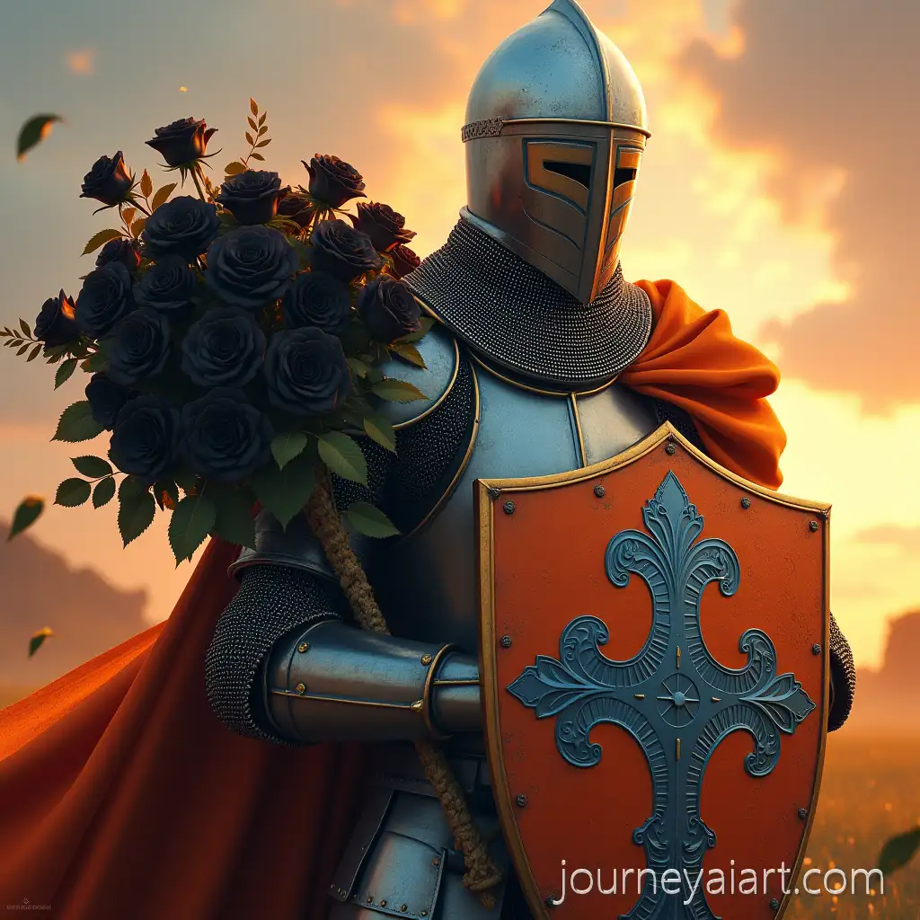Medieval-Knight-Holding-Black-Roses-with-Ornate-Shield-at-Sunset