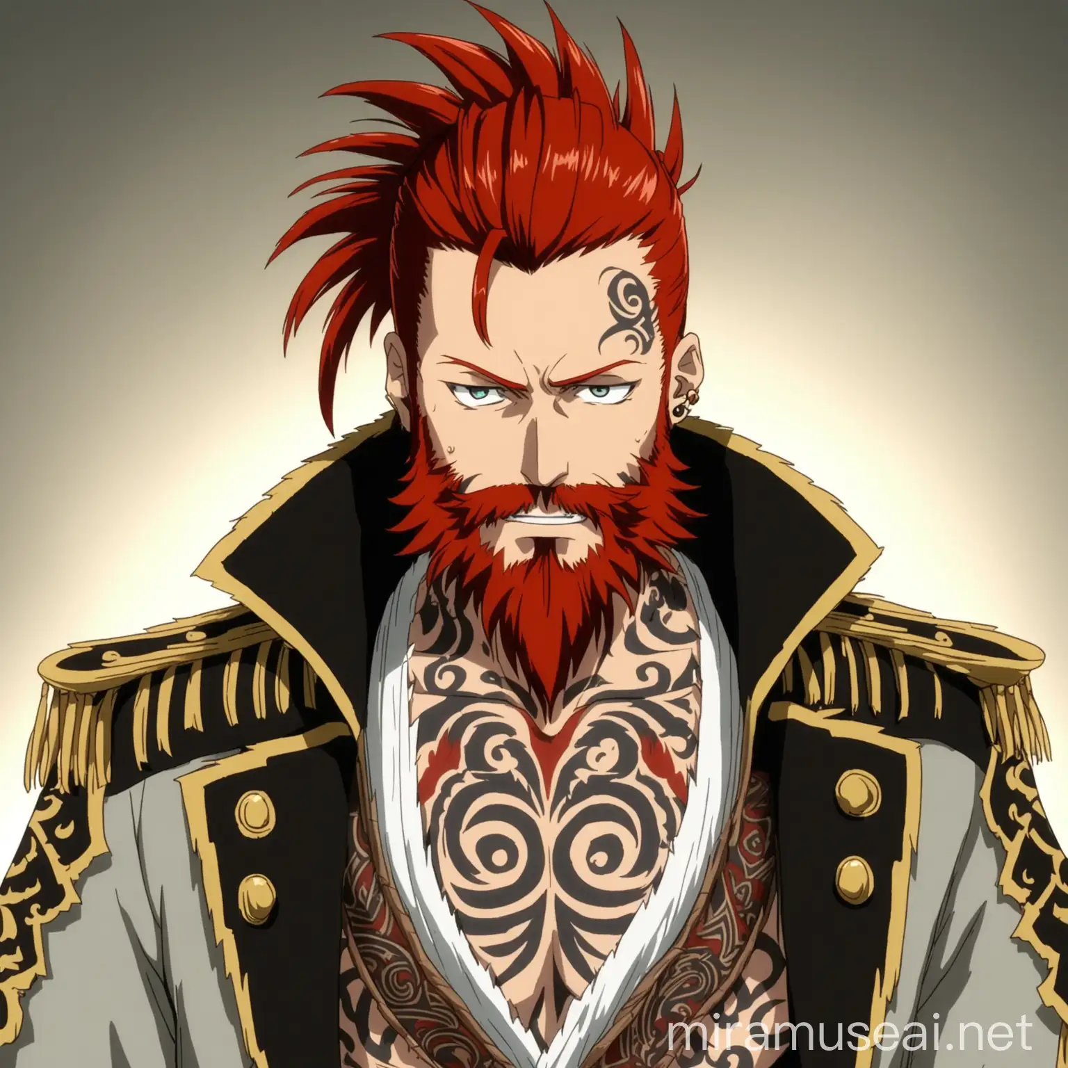 RedBearded Pirate with Mohican Hairstyle in Victorian Grey Jacket