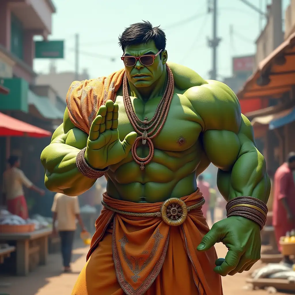 Marvel’s Hulk reimagined in traditional Chennai desi attire, wearing a vibrant veshti (lungi) and a patterned shawl over his broad shoulders, with stylish cooling glasses on. He is performing a namaskar gesture with a calm yet powerful expression, standing confidently in a bustling port fish market. The background features the lively market with fish vendors, boats, and a mix of bright colors, blending Hulk's immense strength with the rich cultural setting of Chennai.4k,UHD