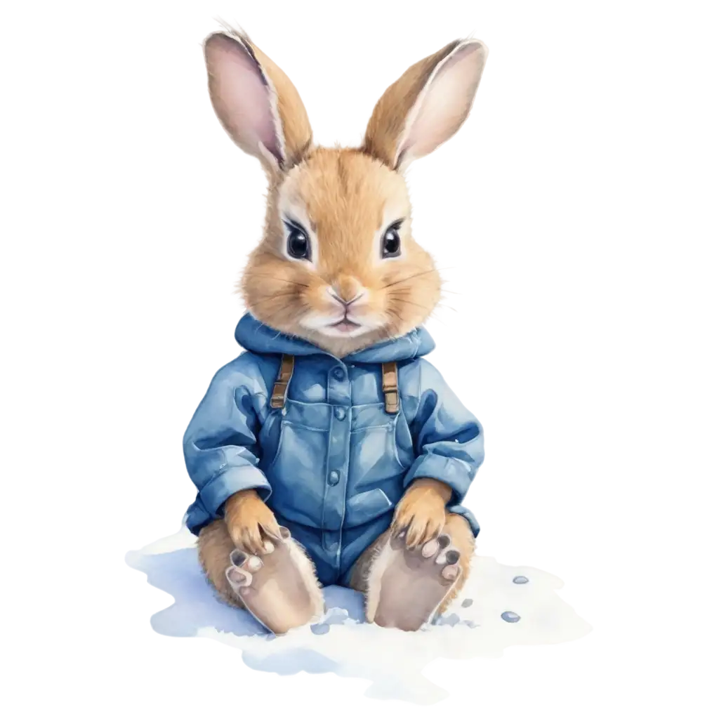 Watercolor-Drawing-of-a-Baby-Rabbit-with-Blue-Overall-Sitting-on-Snow-PNG-Image