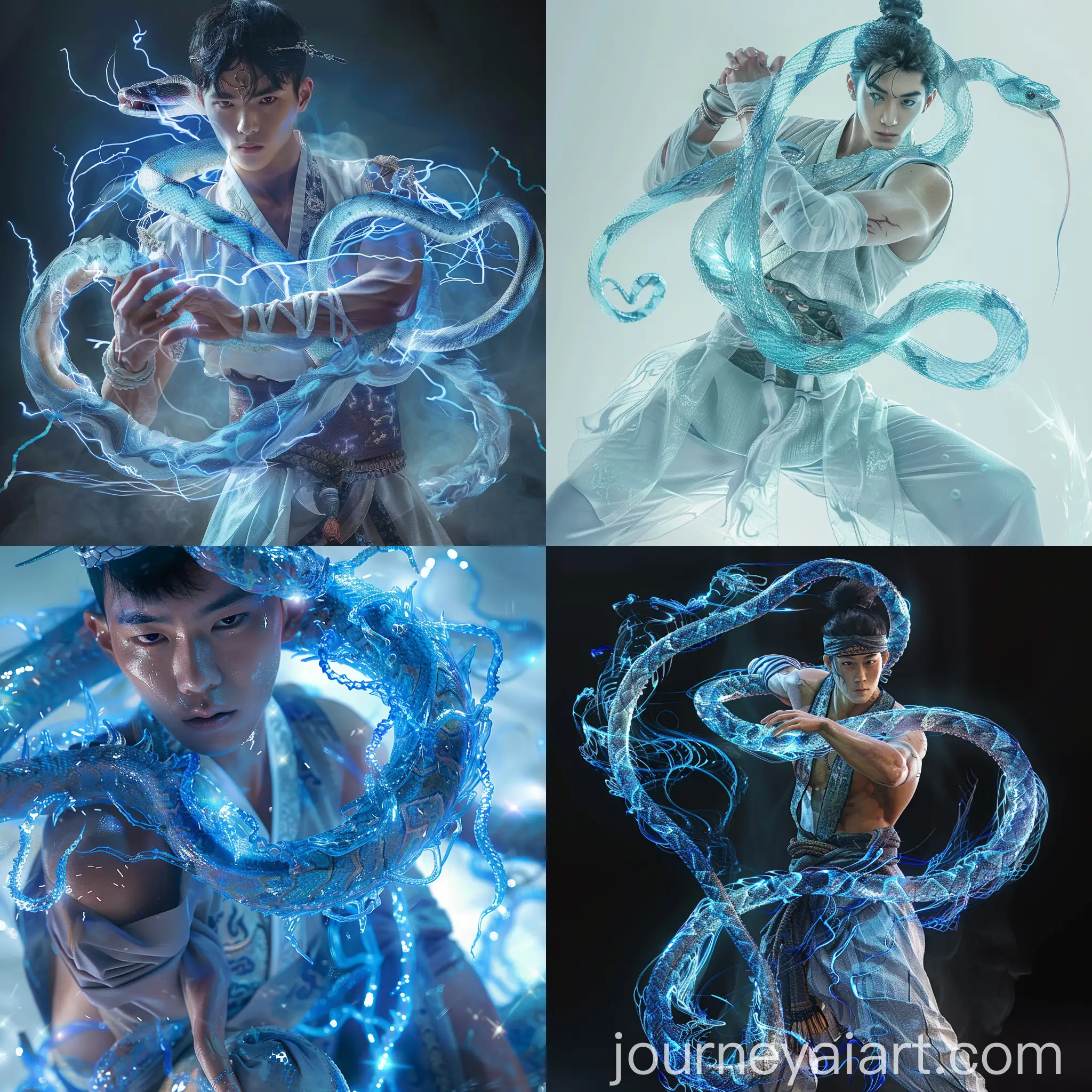 Ethereal-Blue-Snake-Wrapping-Around-Martial-Artist-in-Hyper-Realistic-Image