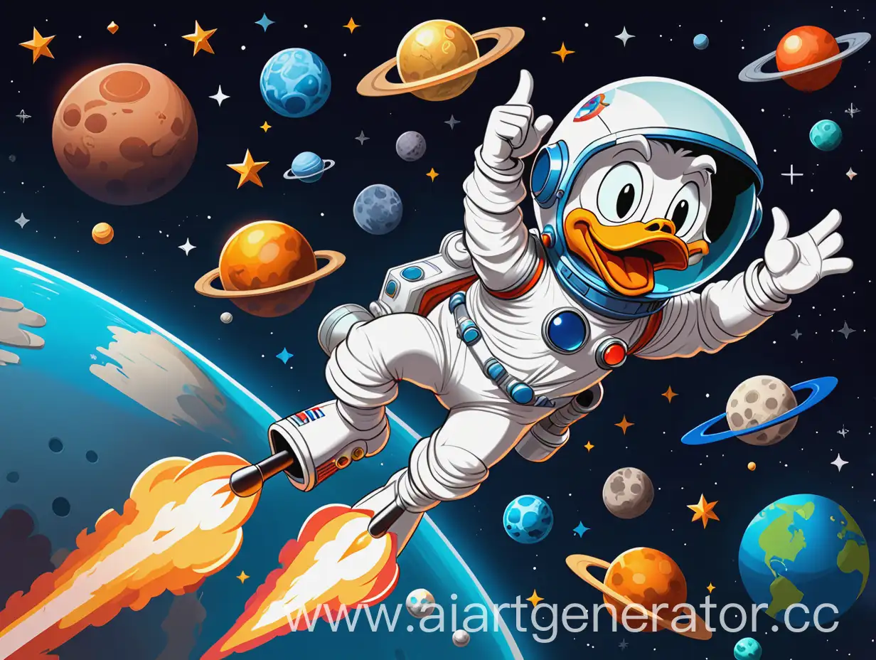 Depict Scrooge McDuck styled as an astronaut, wearing a space helmet with a futuristic visor and a space-themed cap. He is riding a rocket that's blasting upward, with stars and planets in the background. The rocket should have elements of modern technology, like cryptocurrency symbols floating around it, and the logo 'IVfun' prominently displayed on the side of the rocket. The scene should feel dynamic and exciting, with a sense of adventure in space.