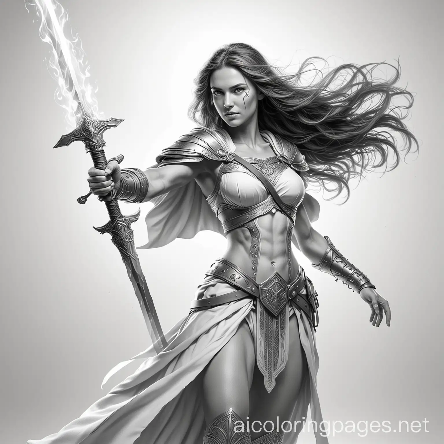 Female-Warrior-with-Flaming-Sword-and-Holy-Spirit-Power-Coloring-Page