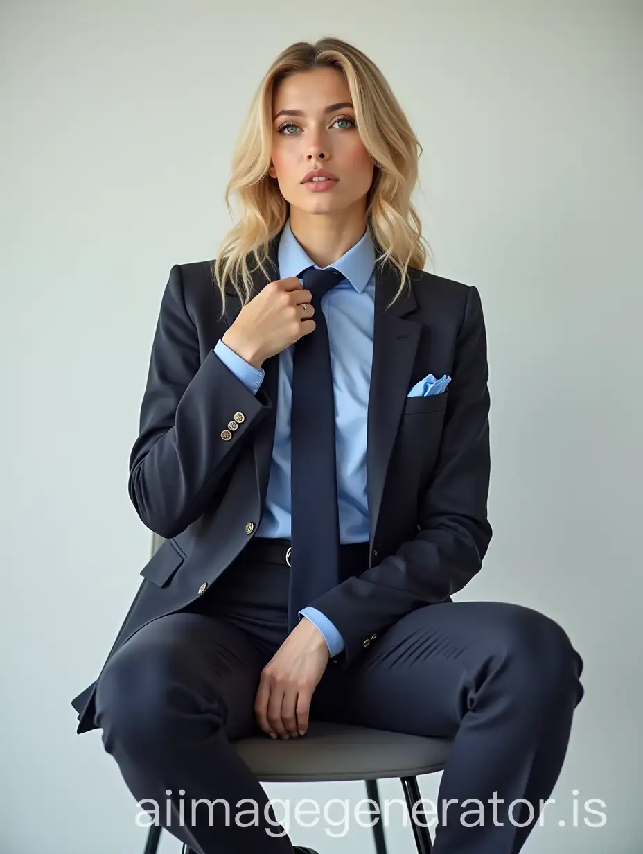 Elegant-Blonde-Woman-Cheerleader-in-Formal-Attire-Sitting