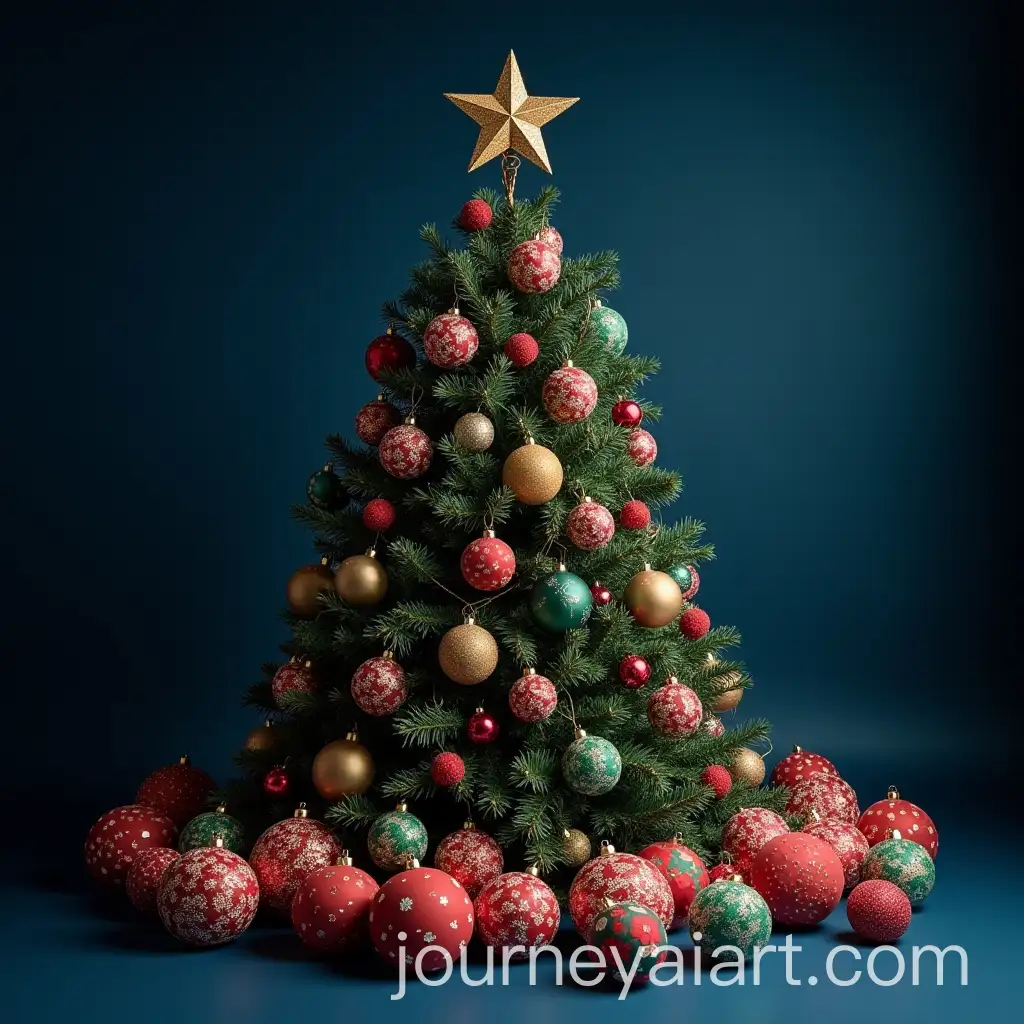 Classic-Christmas-Tree-Surrounded-by-Colorful-Fabric-Balls-on-a-Dramatic-Dark-Blue-Background