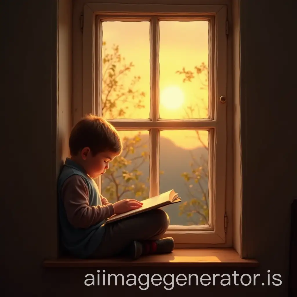 A boy sits by the window, holding a book, with dawn light outside, symbolizing knowledge and hope.