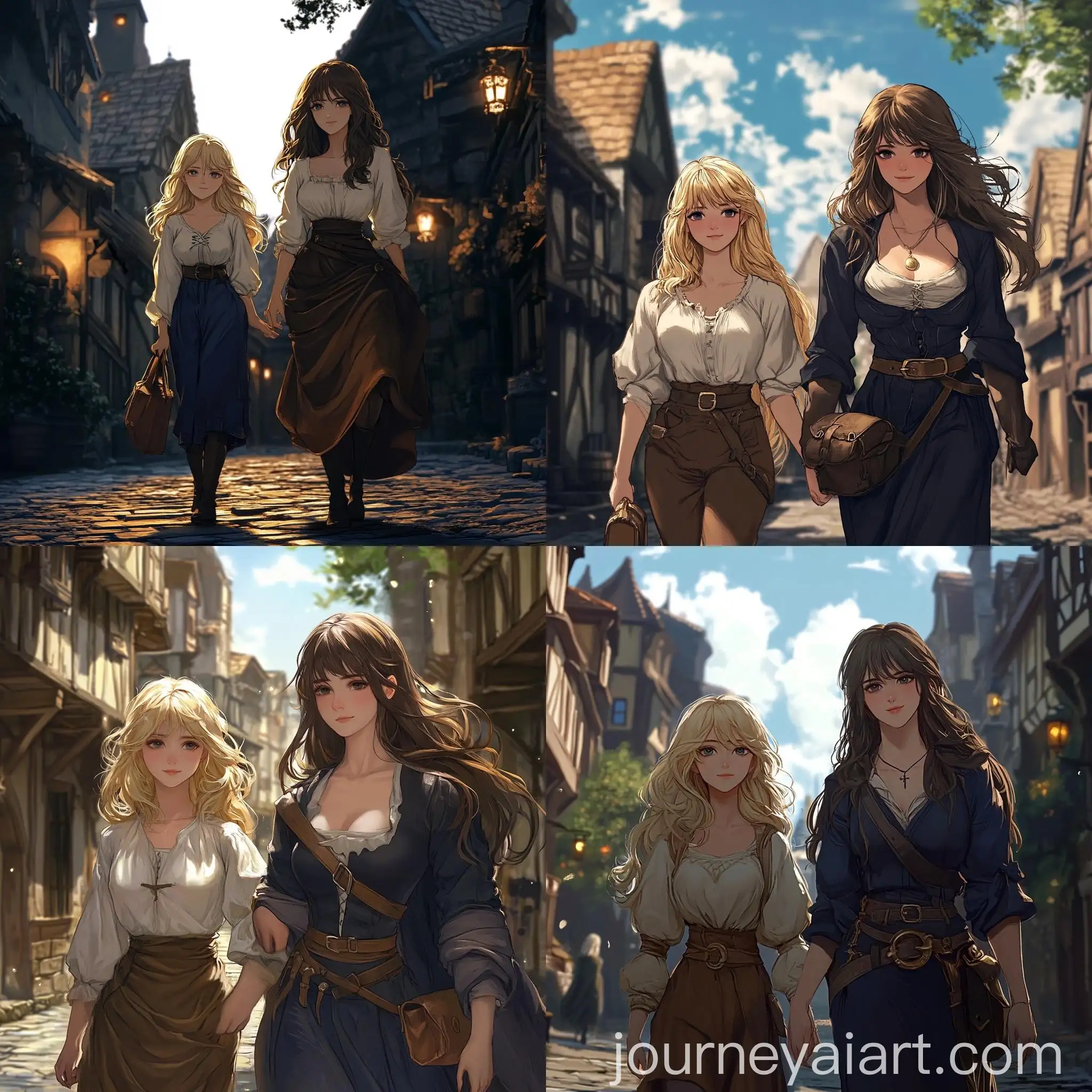 Anime-Girls-Walking-in-Medieval-Village