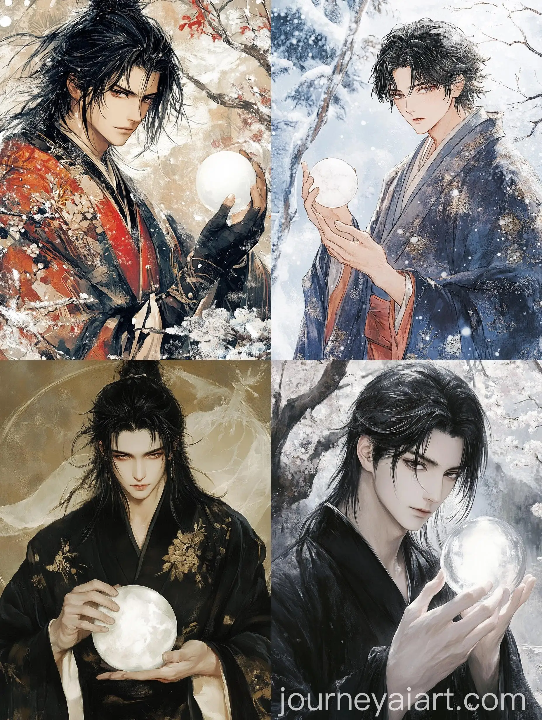 Male-Figure-in-Black-Hair-Kimono-Holding-White-Marble