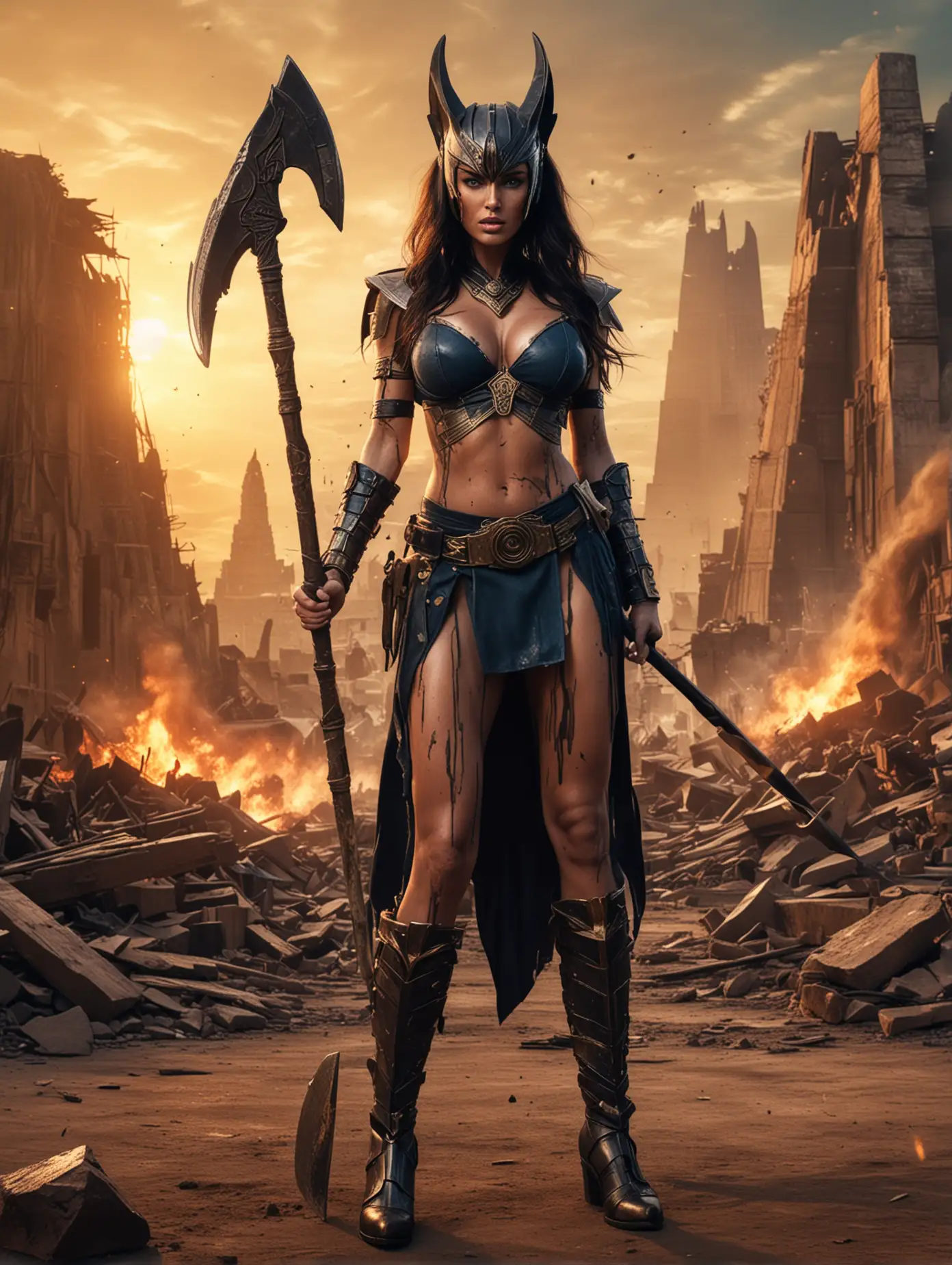 A masterful and striking conceptual art potrait, showcasing beauty blue eyes Megan Fox wears anubis warrior outfit, she was holding a large ax, deeply immersed in the chaotic energy of a war Zone with explosions everywhere. Dynamic martial action pose at pyramide temple background with amazing ray tracing of sunset light.