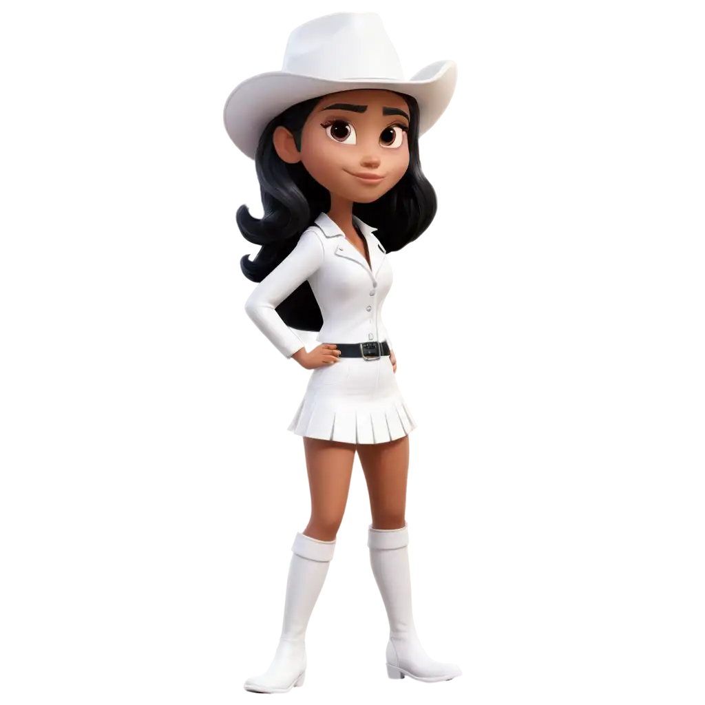 create a woman with black straight hair, full body, wearing long white boots, white mini skirt, white leather jacket with shine, white cowboy hat on her head, Pixar art