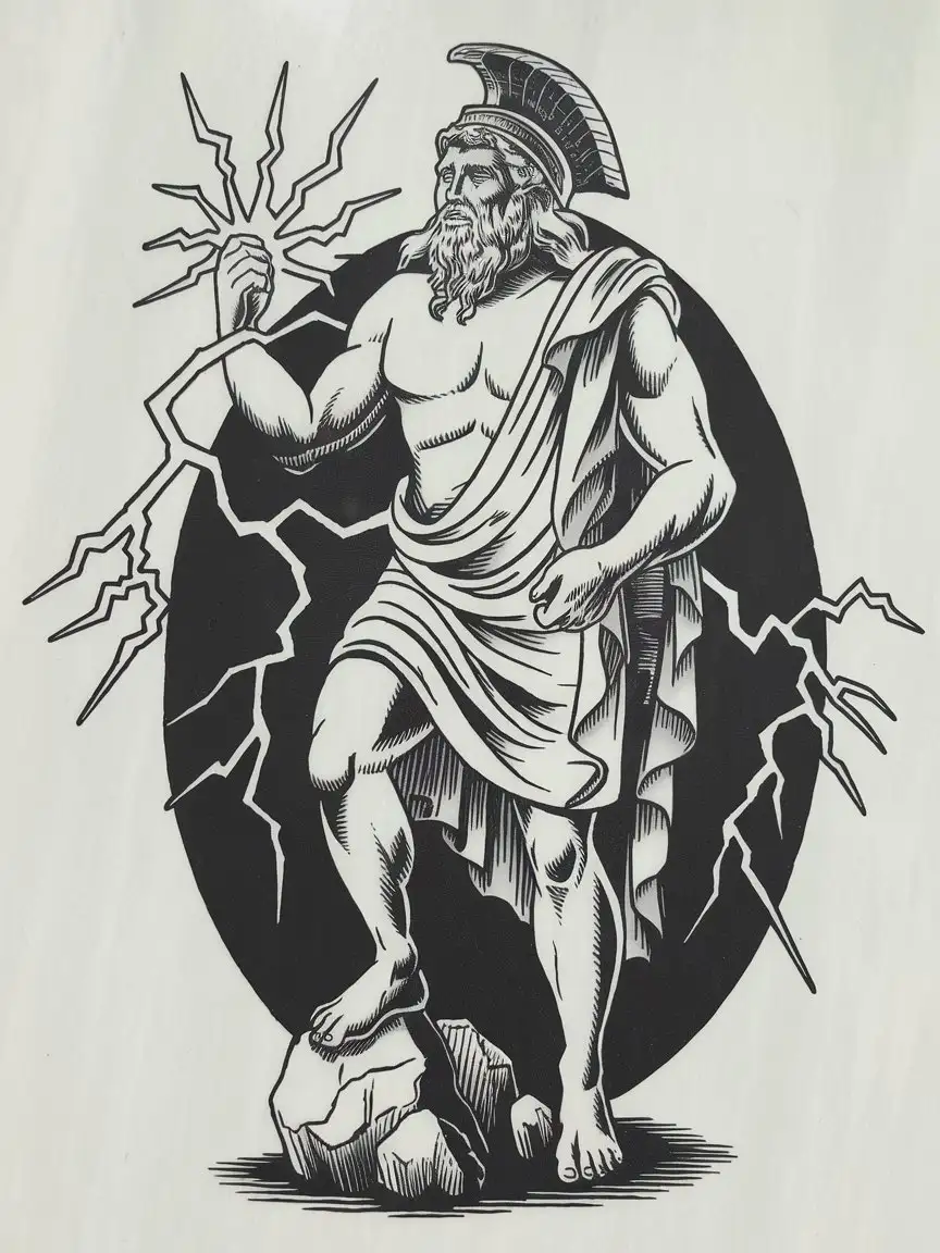 Angry Zeus Holding Lightning in Tattoo Style