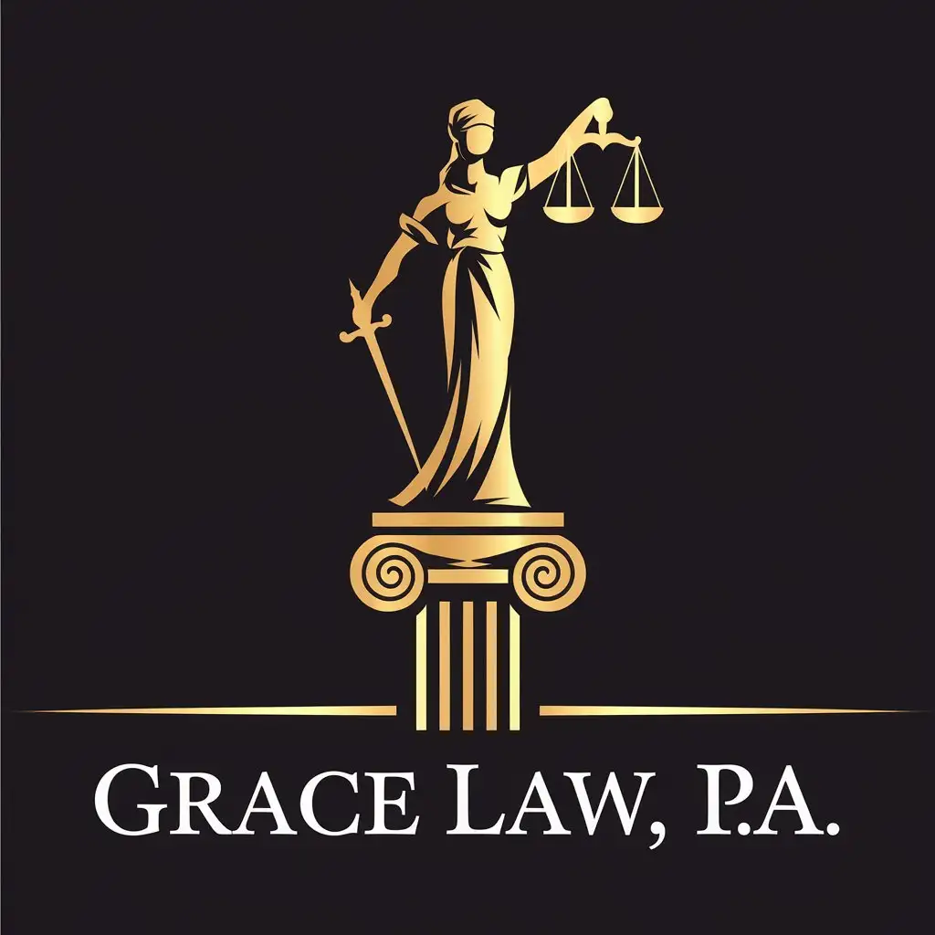 LOGO Design for Grace Law PA Golden Lady Justice Silhouette on Classical Column with Scales of Justice