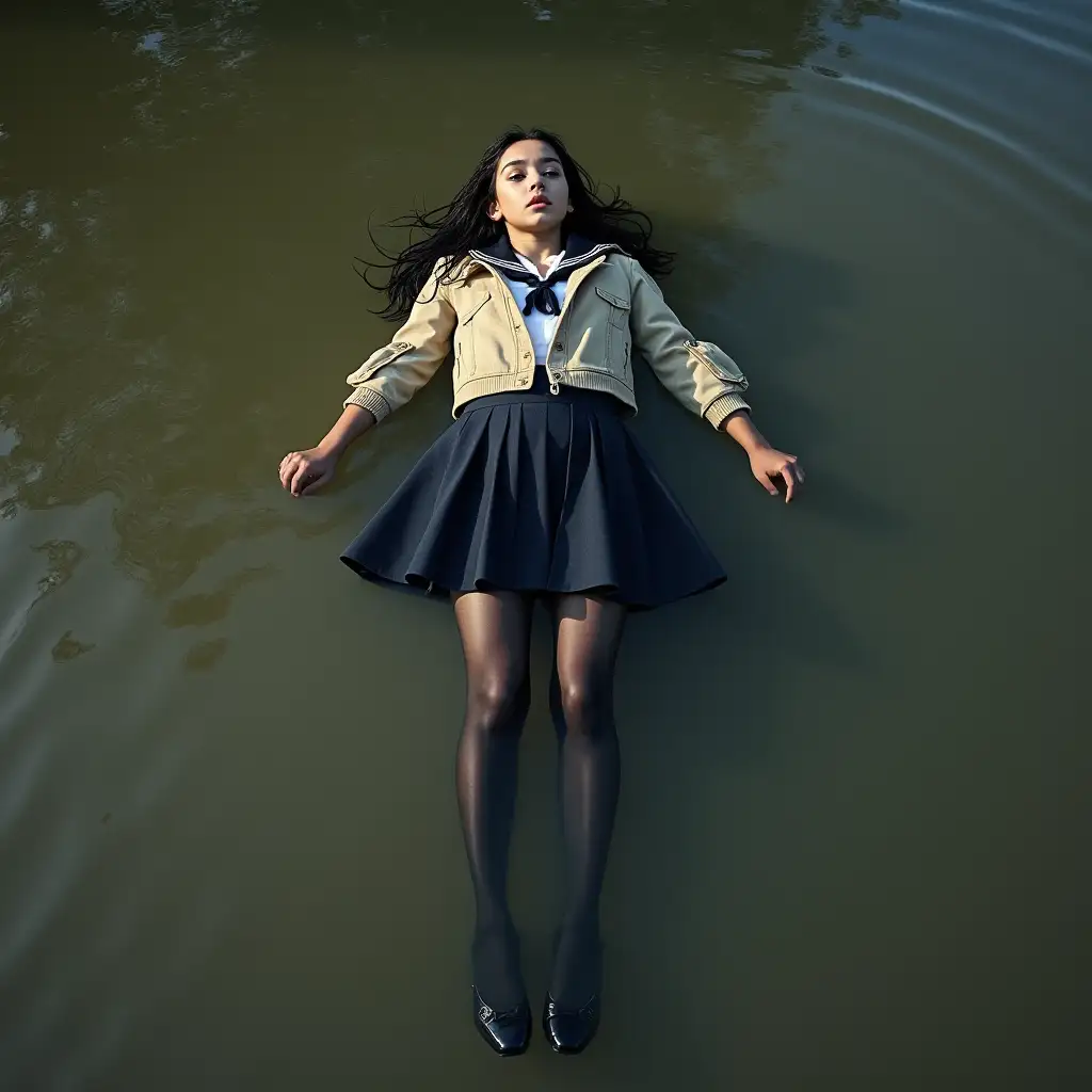 schoolgirl in school uniform, with skirt, jacket, blouse, dark tights, high-heeled pumps. Swims in a dirty pond, completely wet clothes, no dry spots on clothing, under water, lies completely in the water, wet clothes stick to body, fully submerged in water