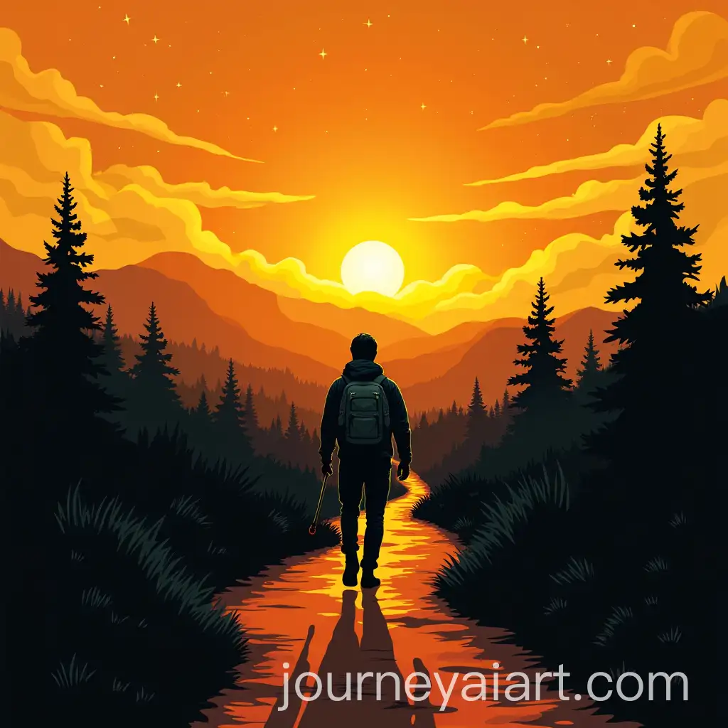 Lone-Traveler-on-Sunset-Trail-with-Backpack-and-Tool