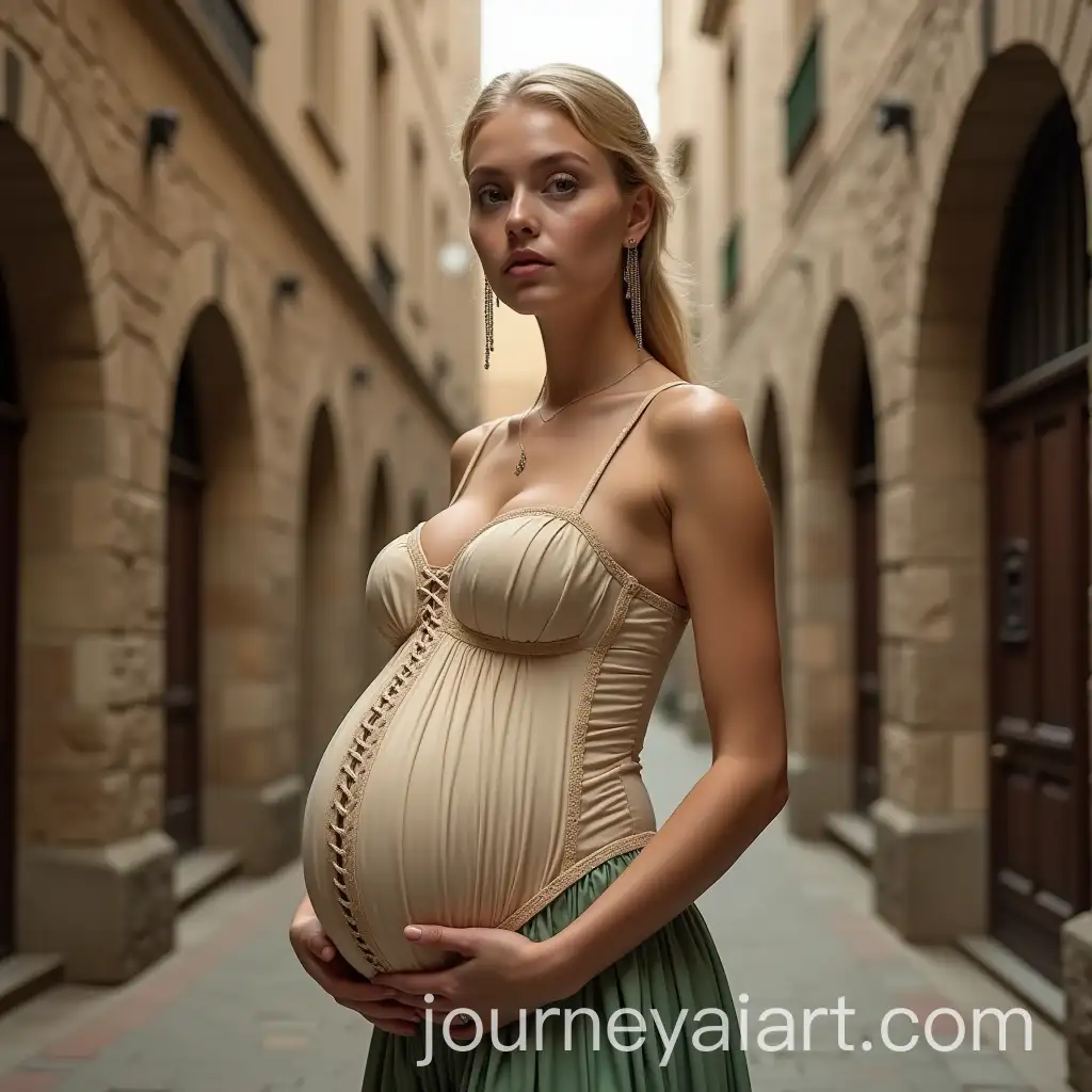 Heavily-Pregnant-Woman-in-Medieval-Alley-Wearing-Corset-Dress
