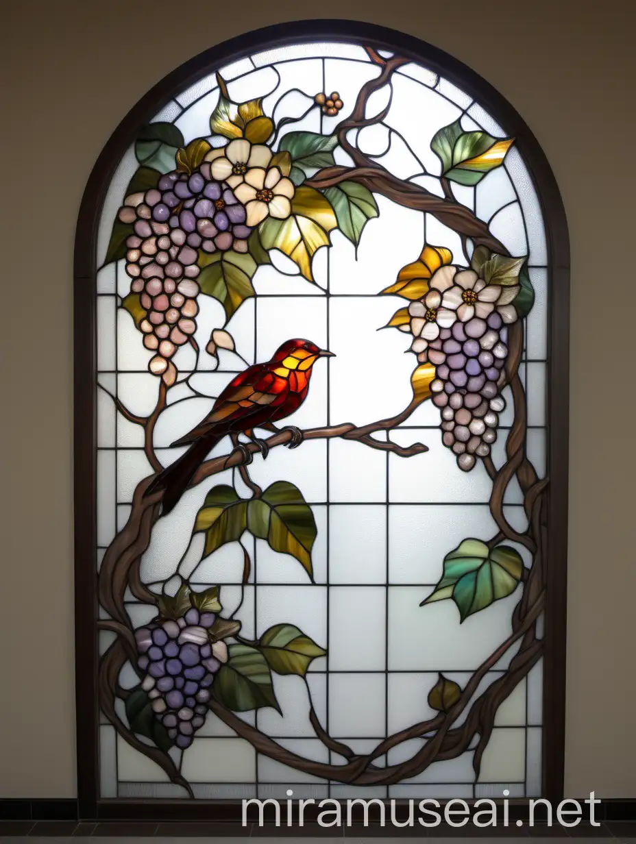 Stained Glass Partition Tiffany Style with Grapevine and Bird Design