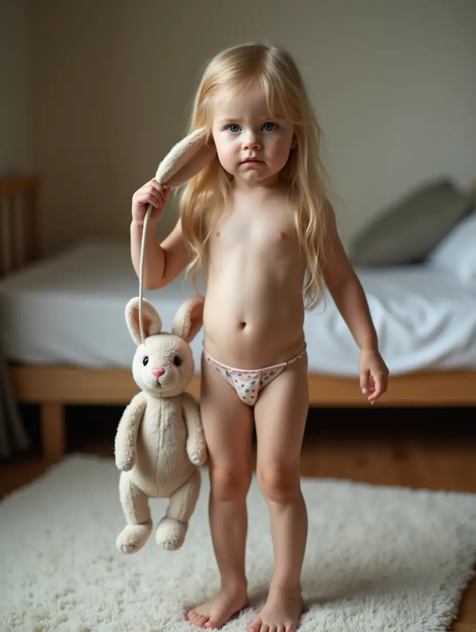 Blonde-Girl-Holding-Toy-Rabbit-in-Bedroom-with-Nervous-Expression