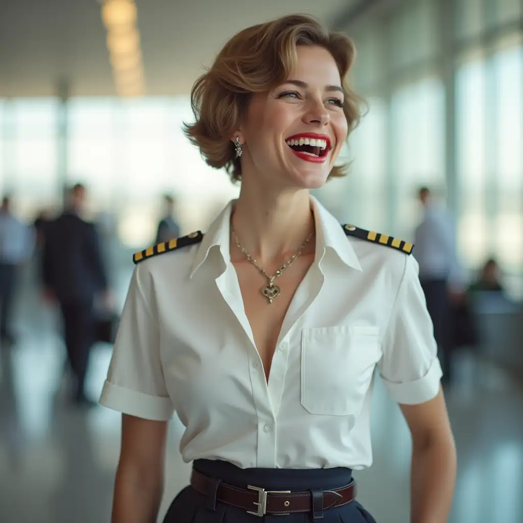 sweden   ladies , in white    deep-necked pilot button shirt, decolte, short sleeves, laughing with her mouth open, red lipstick accentuating her smile,belt on waist, big wide hips, chest are fully grown, jewerly,     short hair, HD, airport, photo-realism