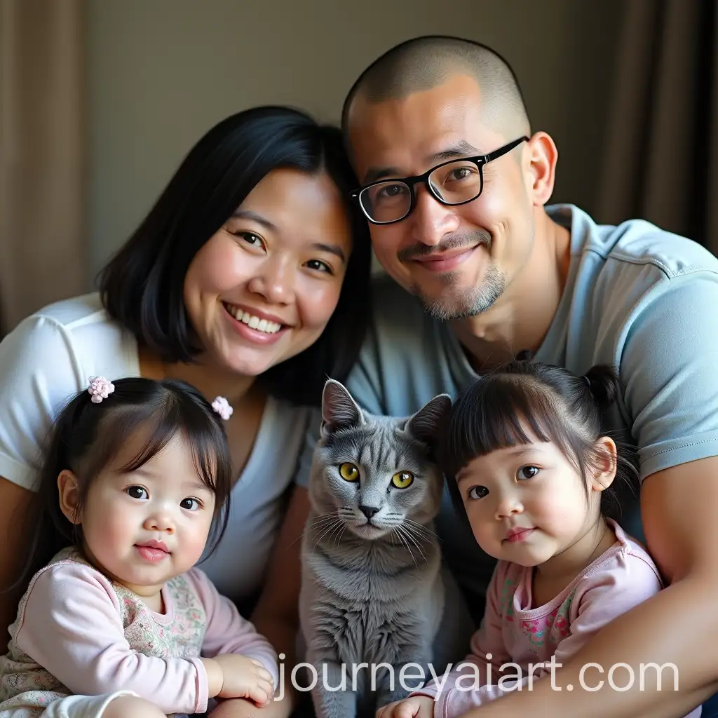 Diverse-Family-Portrait-with-Two-Young-Girls-and-Their-Cat