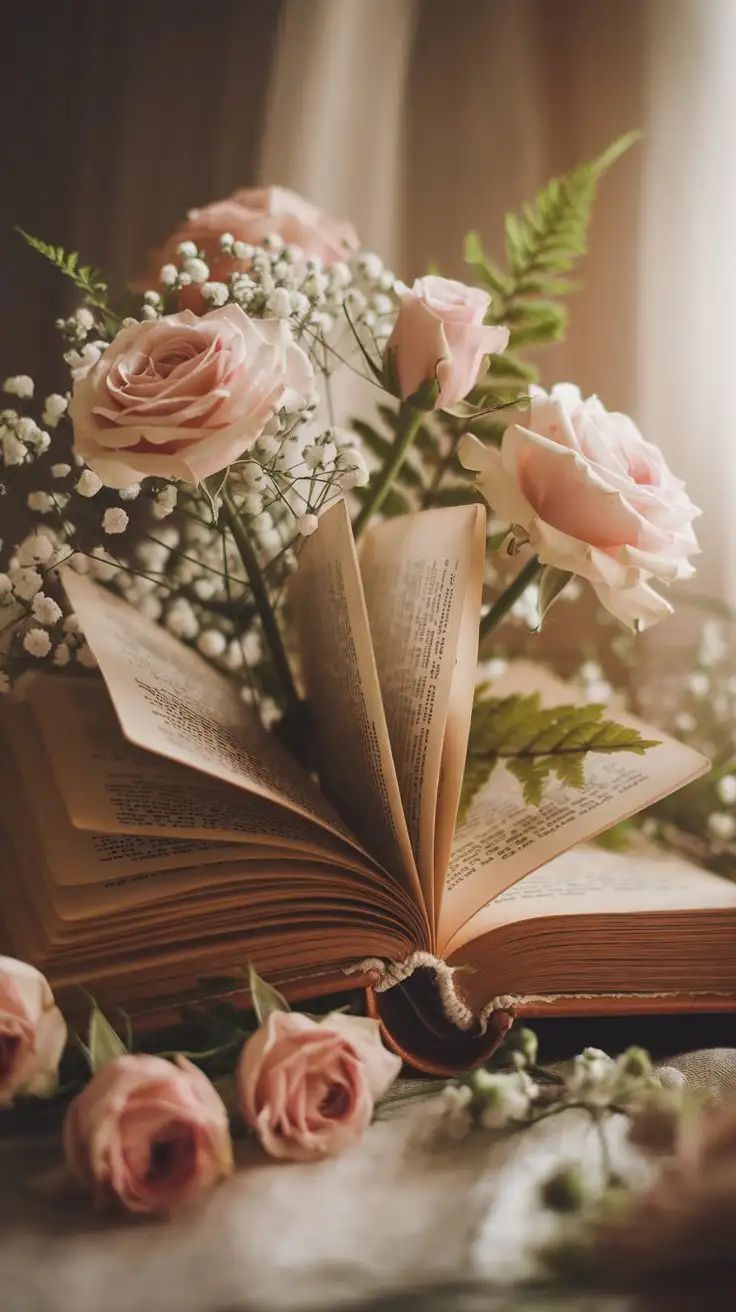 Enchanting and whimsical storybook floral arrangement.  A vintage baby storybook is open, with flowers appearing to spill out from the pages.  Roses, baby's breath, and ferns are arranged to create a sense of organic growth from the book.  Warm, inviting lighting, shallow depth of field, literary and dreamy baby shower theme.