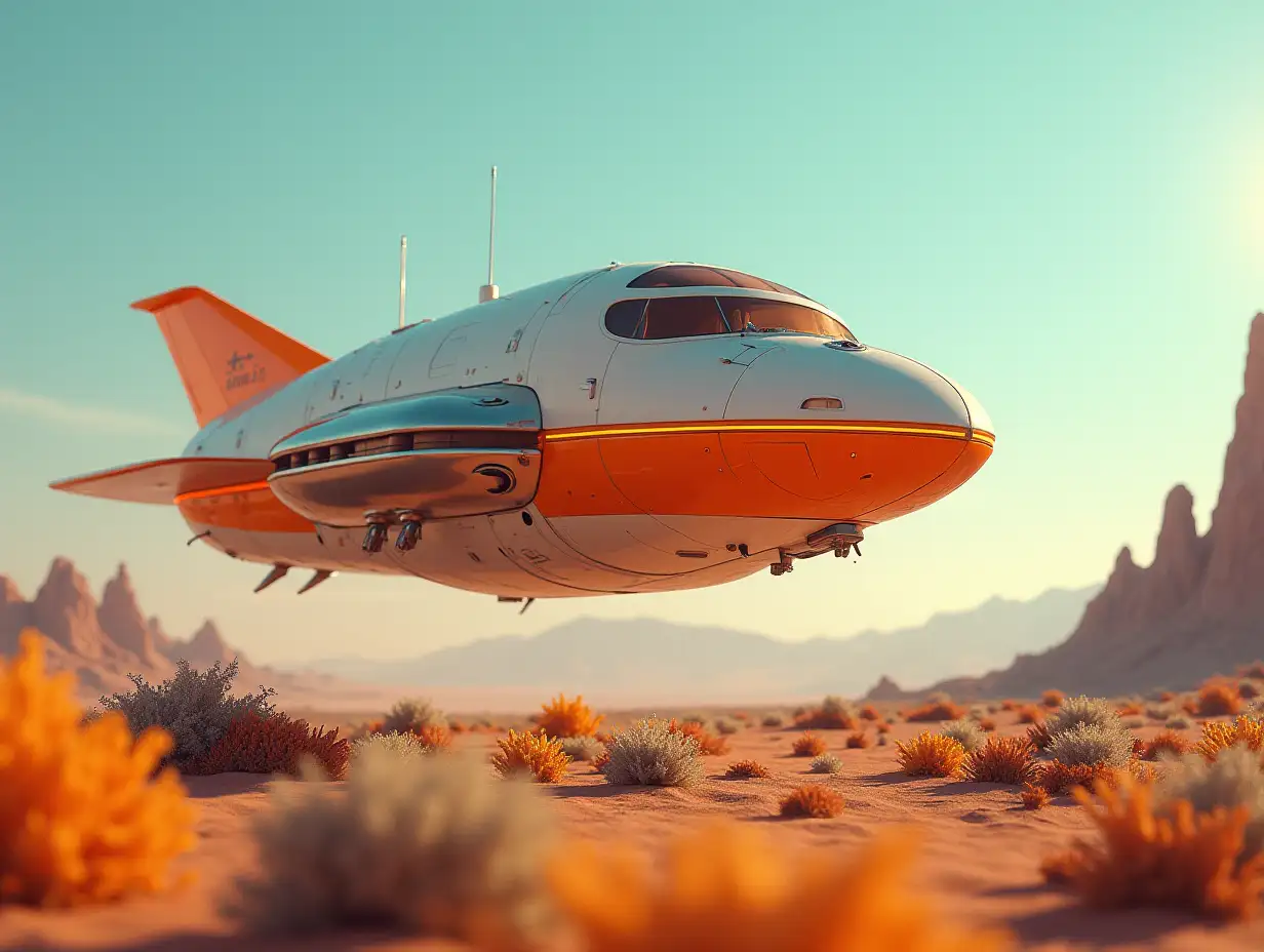 A larger spaceship retro white-orange, shiny parts, with glowing headlights, glass, windshield flies very close over the desert with colorful plants clear sky, 4k resolution colorful