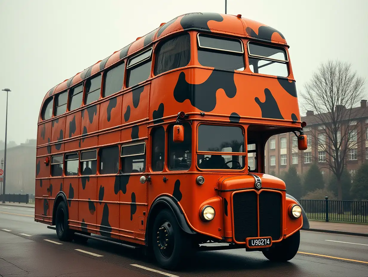 Strange triple-decker bus orange black camouflage with feet