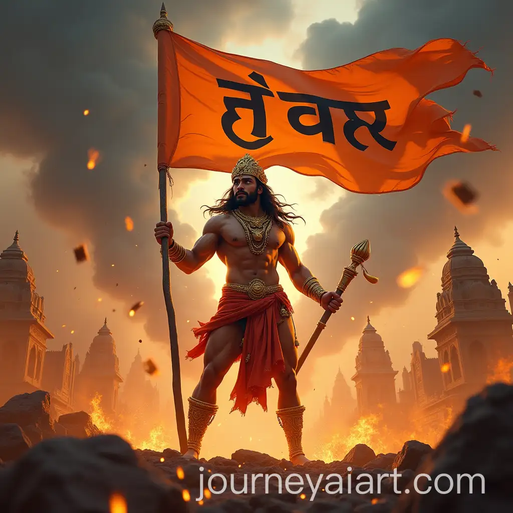 Lord-Hanuman-Heroically-Standing-in-a-FireEngulfed-Battlefield-with-Mace-and-Saffron-Flag