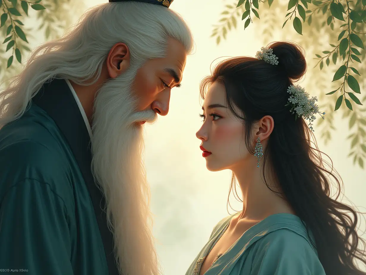 There are willows, an ancient white-haired gentleman looking at a sensual and melancholic ancient lady, in a color-lamenting Chinese ancient picture