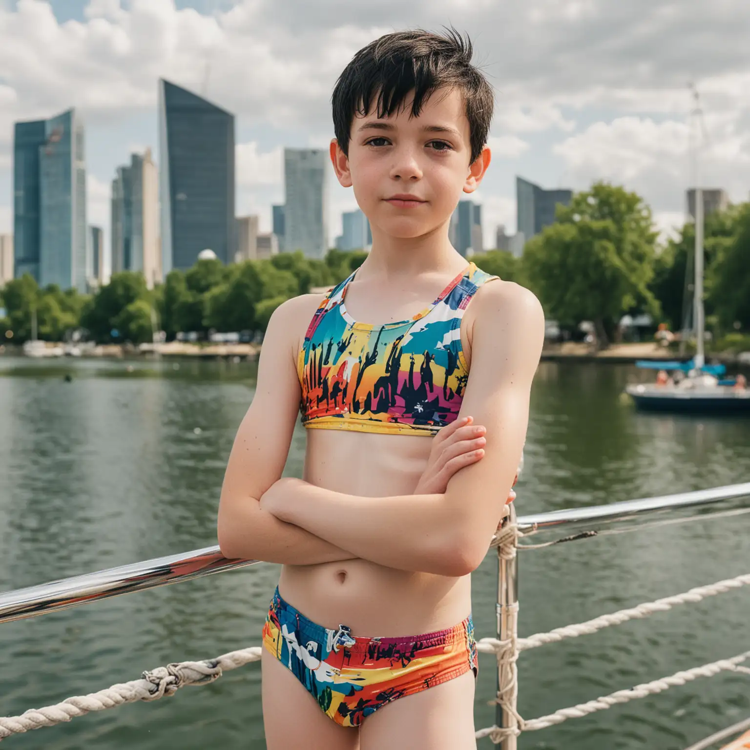 Confident-Young-Boy-on-Yacht-with-City-Skyline-and-Park-View