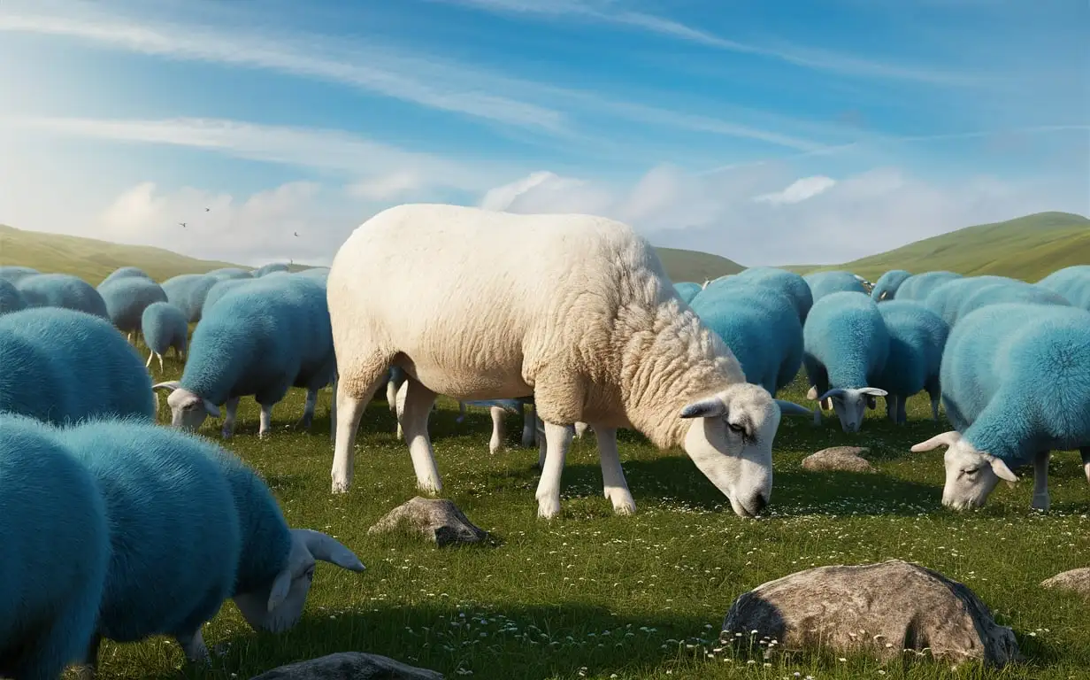 Unique-White-Sheep-Among-Blue-Sheep-in-Field-Scene