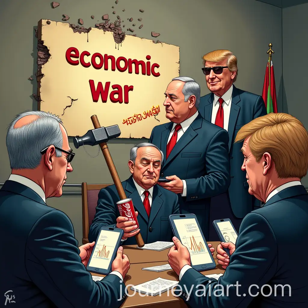 EU-Heads-of-State-Focused-on-Economic-War-as-Netanyahu-and-Trump-Exaggeratedly-Pose-in-Background