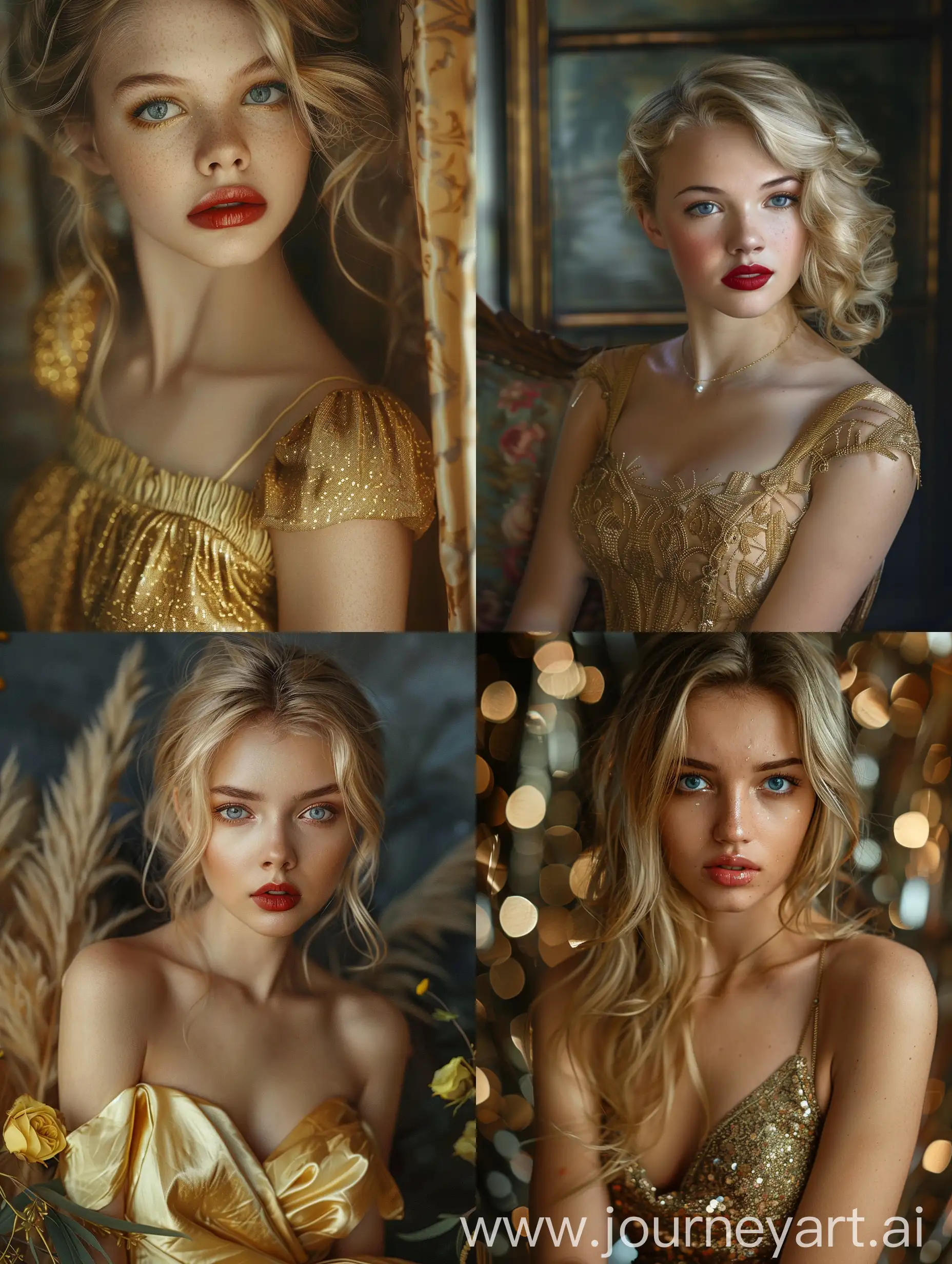 Hyper-Realistic-Portrait-of-a-Girl-in-a-Modern-Gold-Dress-with-Blonde-Hair-and-Blue-Eyes