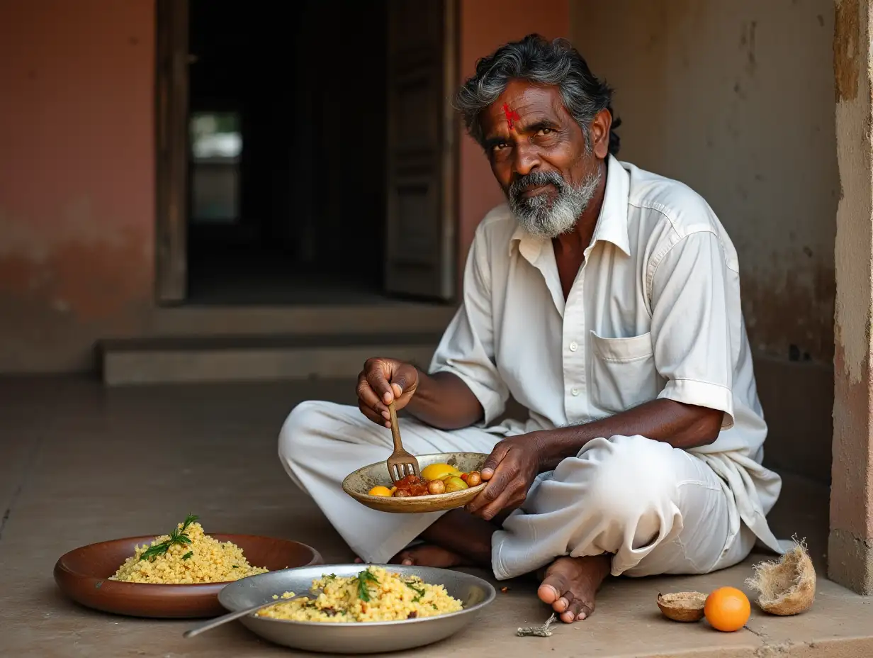 A Kerala man sitiing on the floor and having his food wearing a white shirt