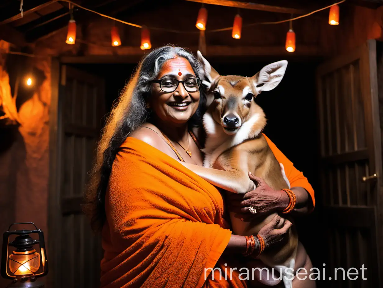 Indian Hindu Sage Woman Smiling with Dog and Muscular Man in Cottage