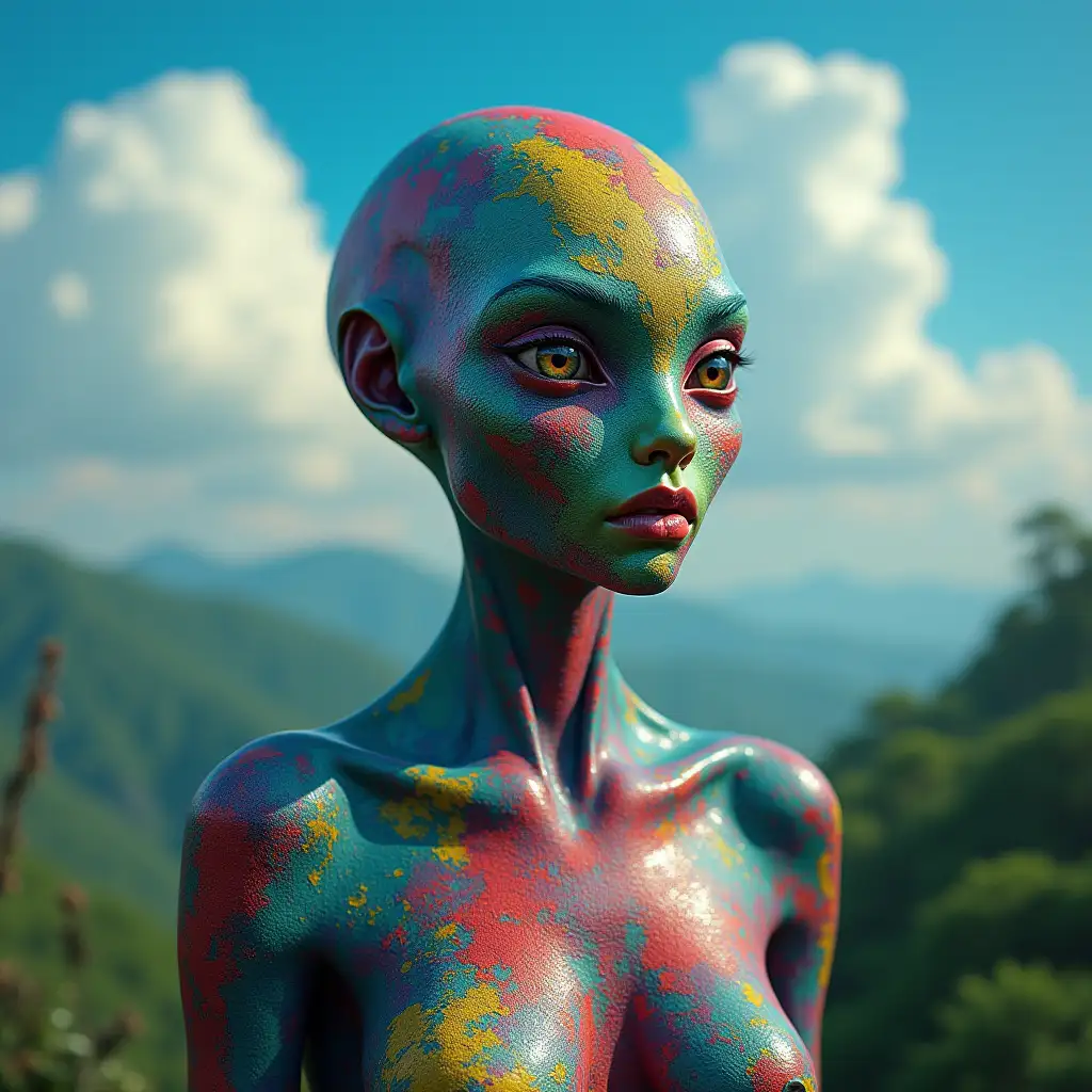 Alien woman colorful skin on a planet with rainforest,see blue sky clouds