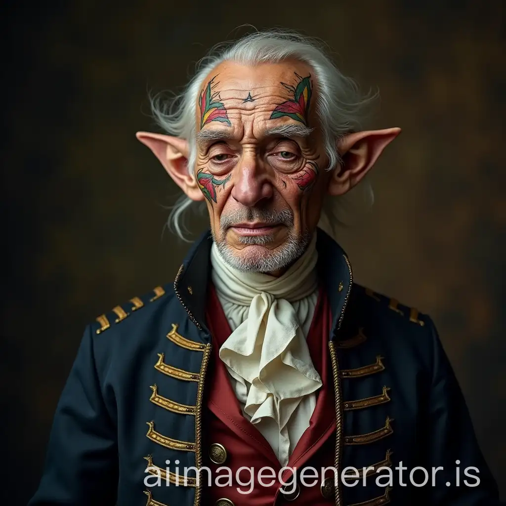 an elder elf, dressed like an English naval captain from the 1700s.  He has colorful tattoos all over his face.