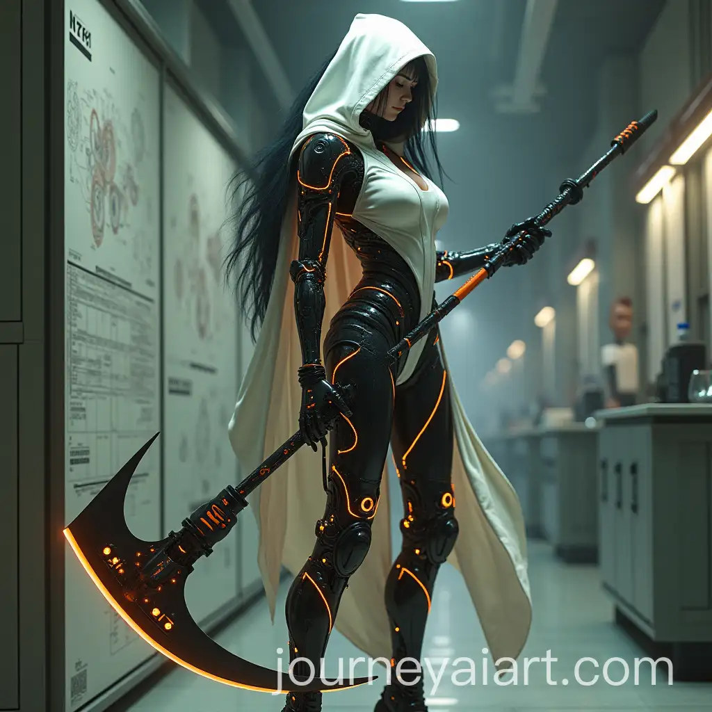 Cyborg-Woman-AI-ImageCyborg-Woman-with-Scythe-in-a-Futuristic-Laboratory-Setting