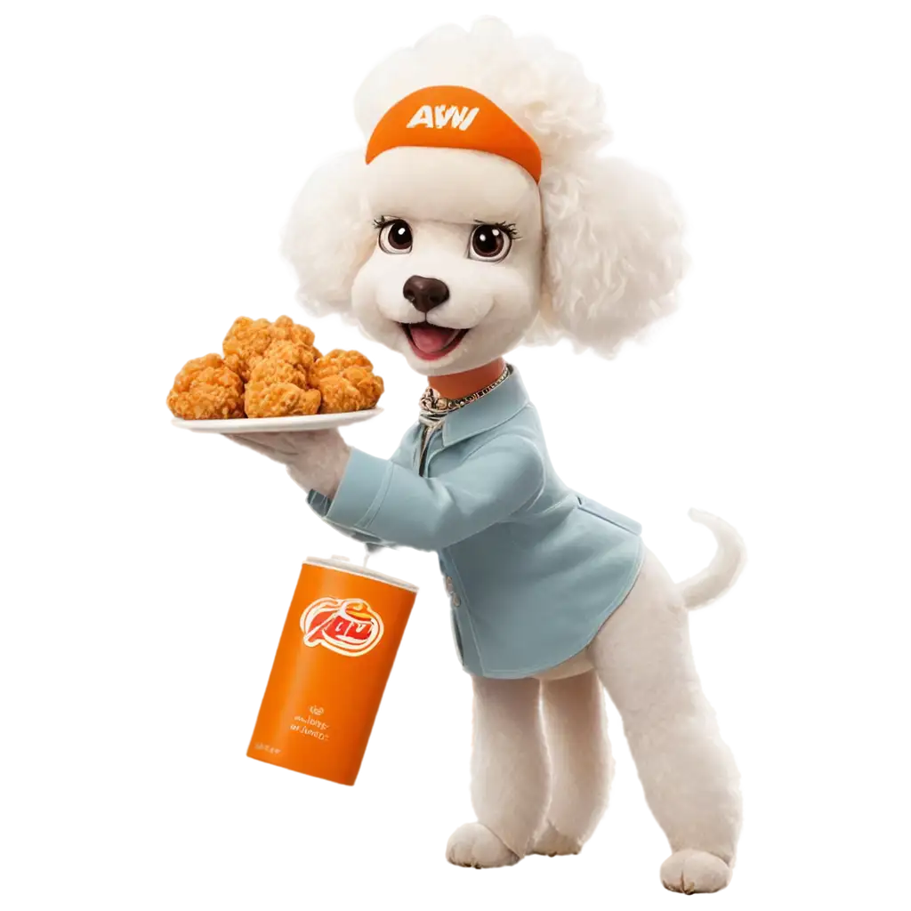 create a funny poodle dog mascot holding a chicken crispy nugget based on the mascot reference of company A&W