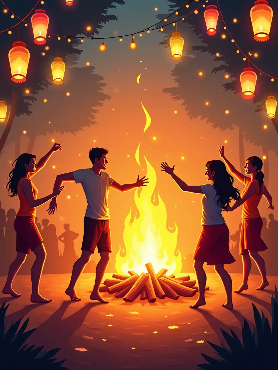 An illustration of a promotional poster for a festival. The poster contains a festival scene with people dancing around a bonfire. The background contains the burning fire and glowing embers. There are colorful lanterns hanging overhead. The overall image has a warm, orange hue.