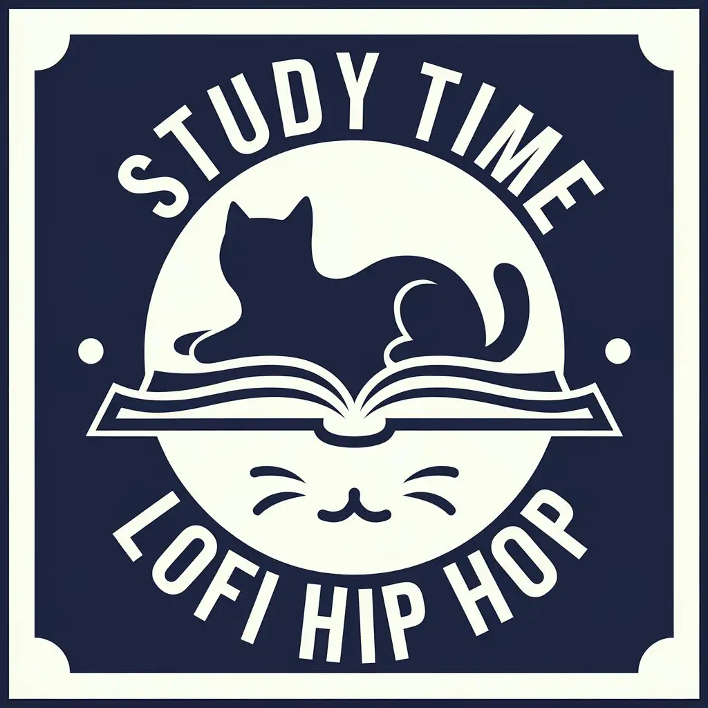 LOGO Design for Study Time Lofi Hip Hop Cat Silhouette on Book with Navy Blue and White Monotone