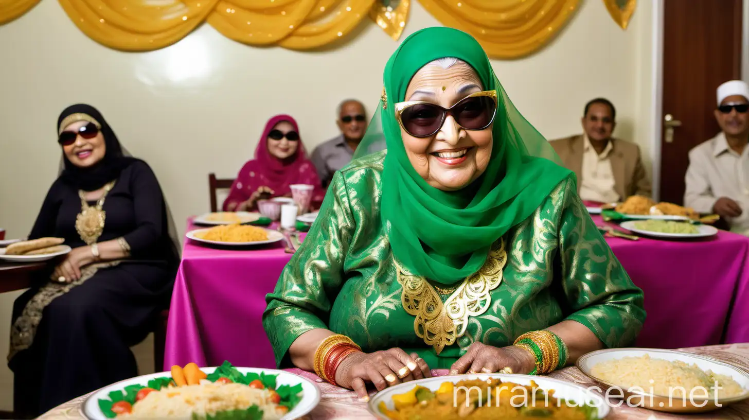 Elderly Muslim Woman Smiling at Wedding Feast