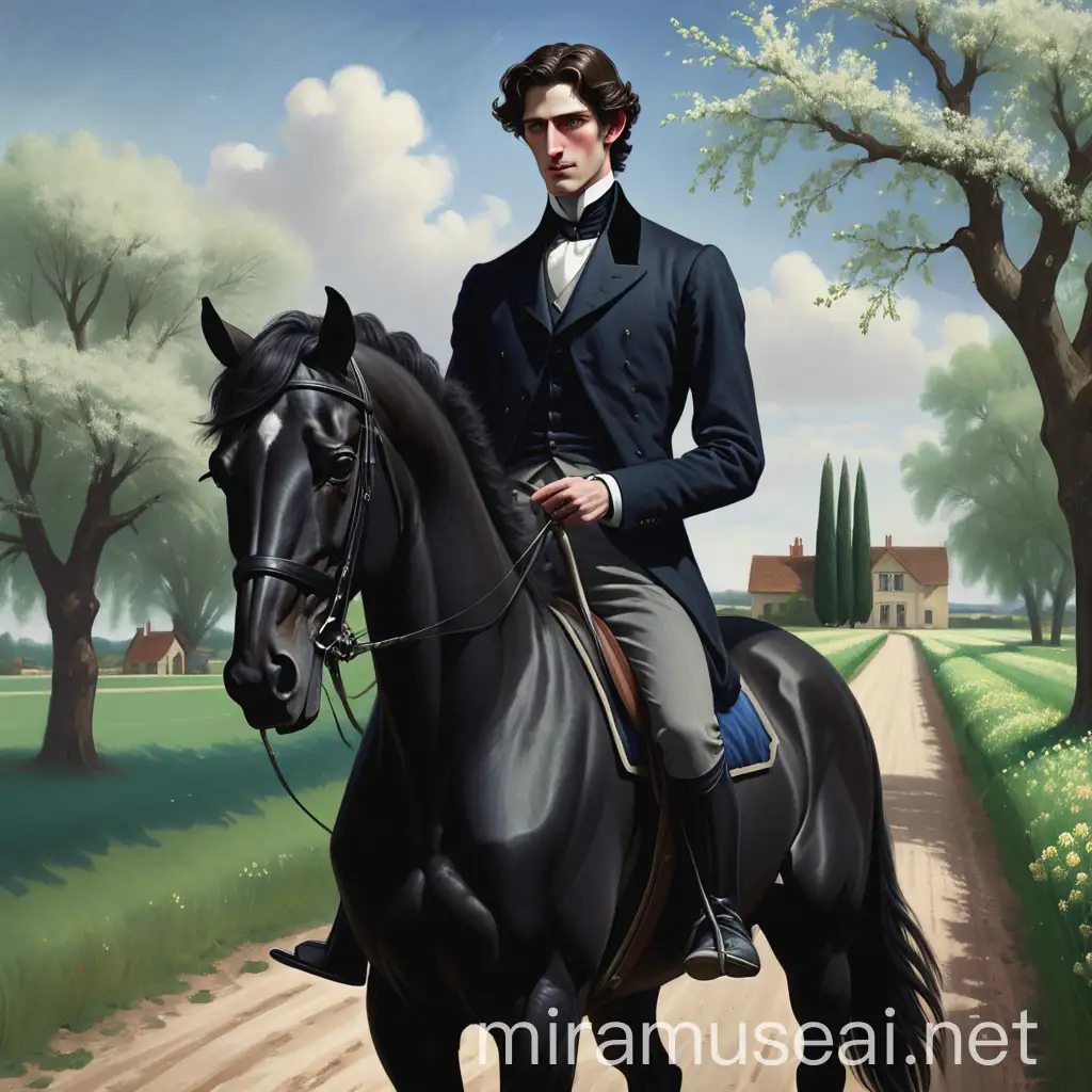 Young Aristocrat Riding Horse in Spring Countryside