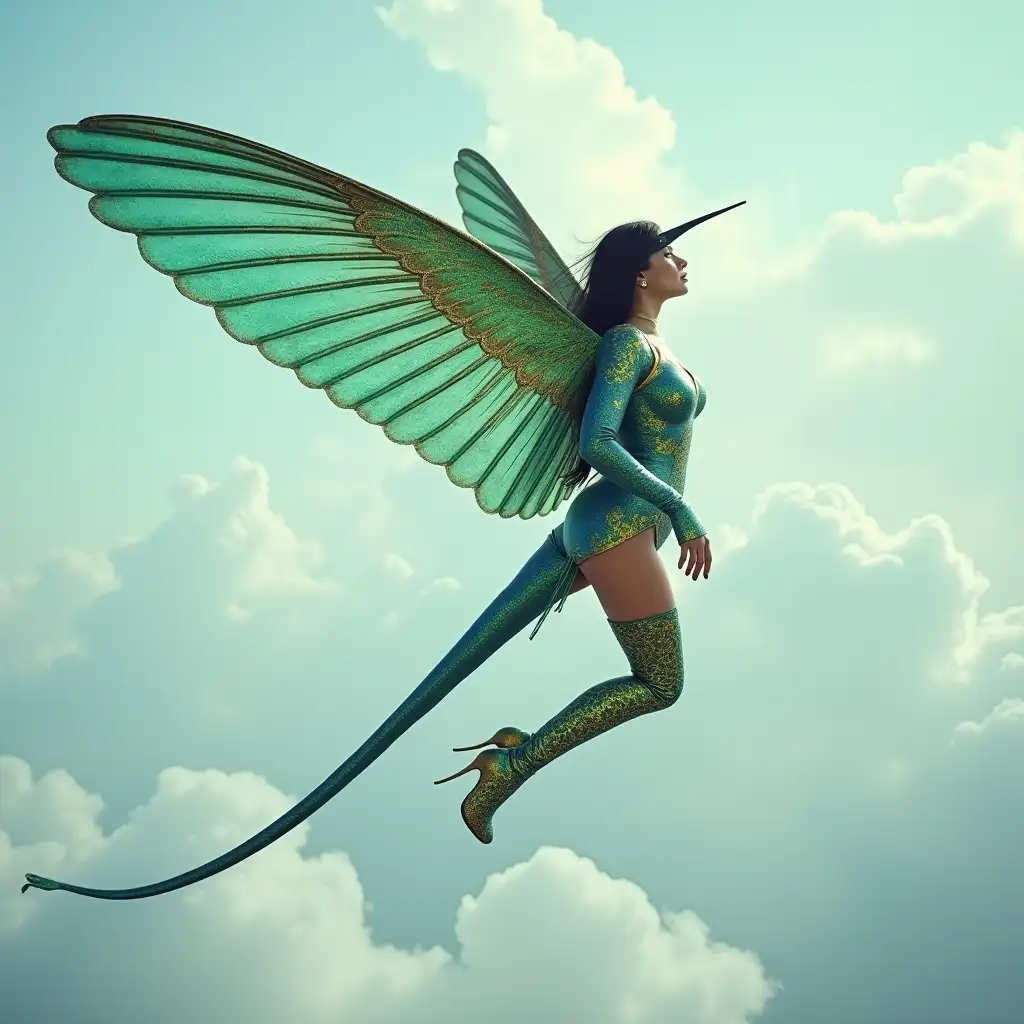 A photo of a woman with large, iridescent green-blue hummingbird wings and a long green-blue bird tail. She is flying in the sky above the clouds. She is wearing a golden patterned blue latex dress and golden patterned green latex thigh-high stiletto boots. The background contains a cloudy sky.