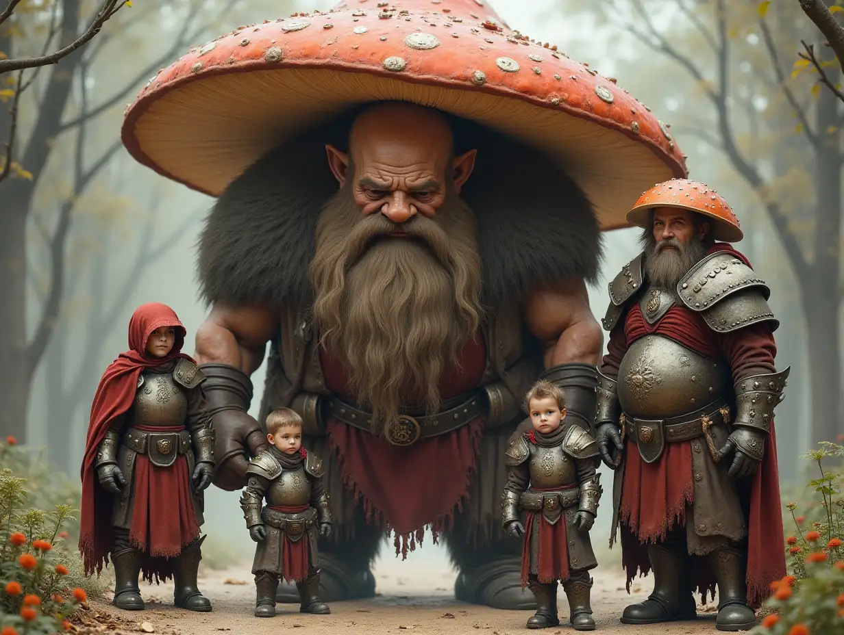 Ki fantasy Family Woman,Man,and Children giant Mushroom face with Beard and with Metal Armor equipment