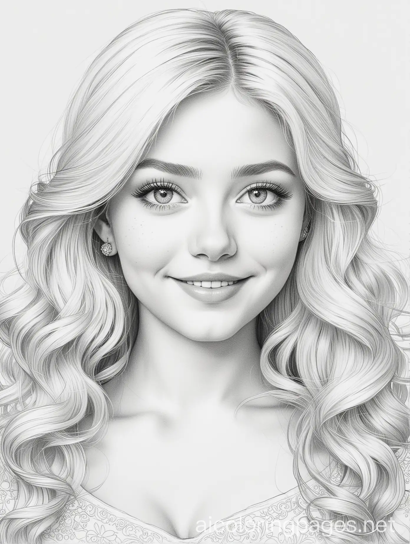 Girl  looking like princess with cat eyes,  very rich curling blond hair and very happy smile, Coloring Page, black and white, line art, white background, Simplicity, Ample White Space